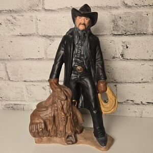 Vintage Cowboy Figurine Lasso Saddle Western Decor 14” Signed 1999